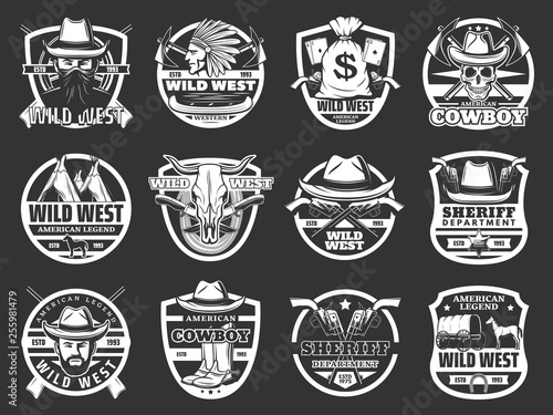 Western symbols, cowboy and sheriff. Wild West
