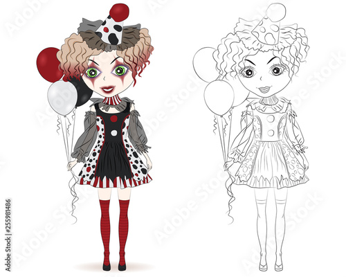 Set of hand drawn beautiful cute fashion girls in halloween costume. Coloring book pages for kids. Outline for coloring page cartoon vector. Scary evil clown with balloons. Halloween party.