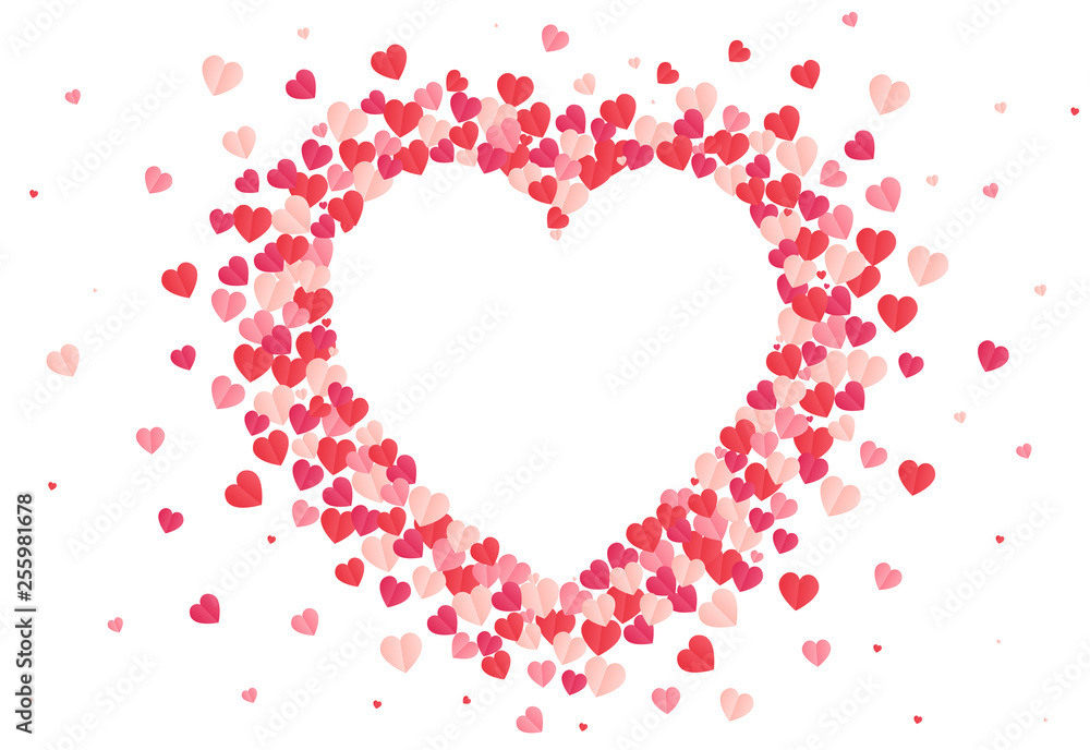 Vector shape confetti splash with white heart inside. Valentine's Day background congratulation card. Heart form of a lot of small hearts on a white background.