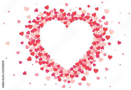 Vector shape confetti splash with white heart inside. Valentine's Day background congratulation card. Heart form of a lot of small hearts on a white background.