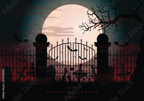 Halloween background with Witch Silhouette. Invitation for party. Mix of Various Spooky Creatures, Moon. Halloween night vector illustration. Halloween background with scary graveyard.