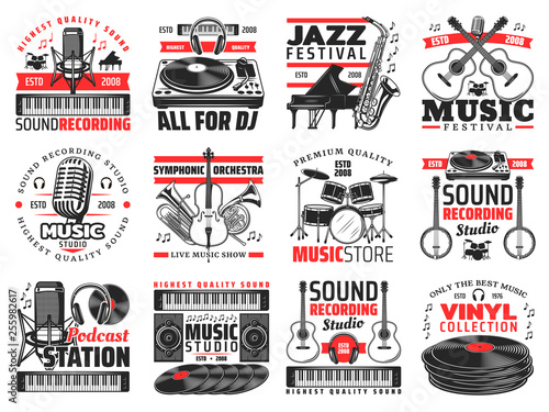 Music and sound recording studio, instrument icons