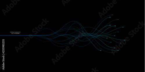 Vector wave dots lines flowing dynamic in blue green colors isolated on black background for concept of AI technology, music, sound