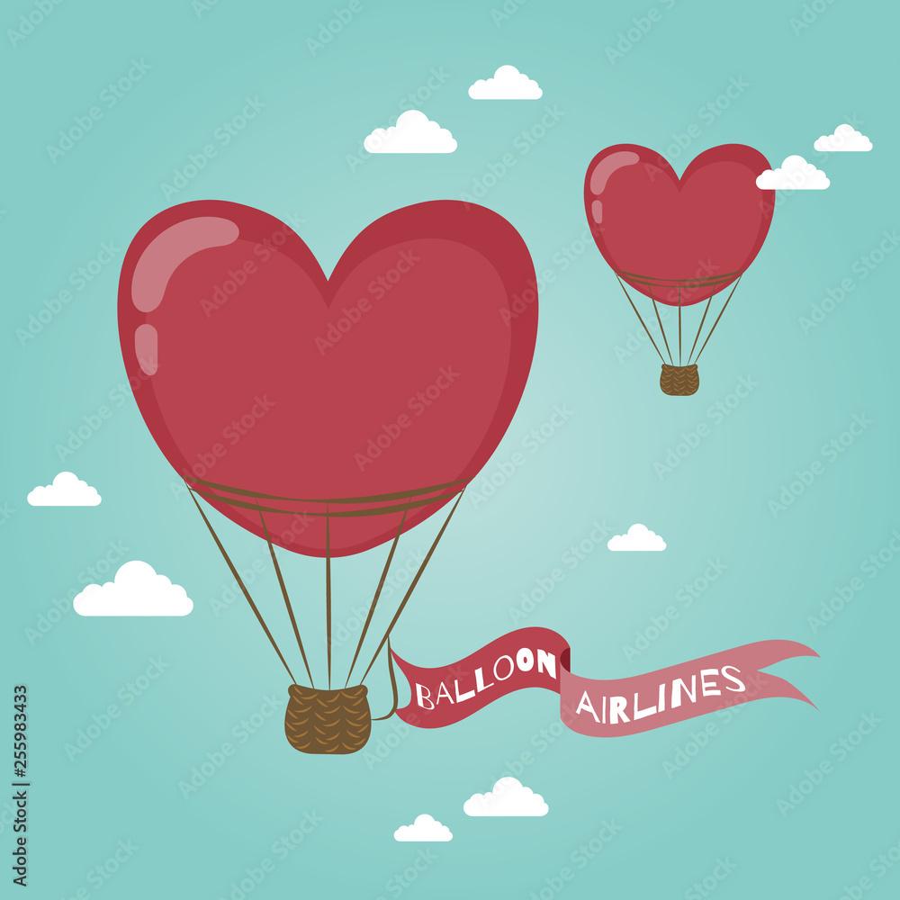 Air balloon with message on banner. Valentines day, Illustration of love, heart balloons flying in the blue sky. Love Invitation card.