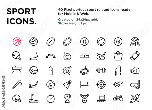 40 Sport Icons, pixel perfect, created on 24x24px grid, ready for all mobile platforms, web and print, easy to change color or size - Vector