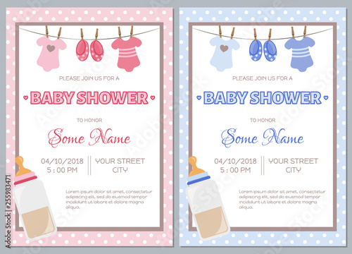 Set of baby shower invitation card babies boy and girl. Baby frame with boy/girl and stickers on light background. It's a boy. It's a girl.