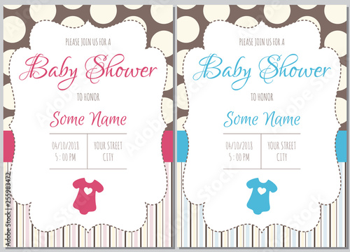 Set of baby shower invitation card babies boy and girl. Baby frame with boy/girl and stickers on light background. It's a boy. It's a girl.