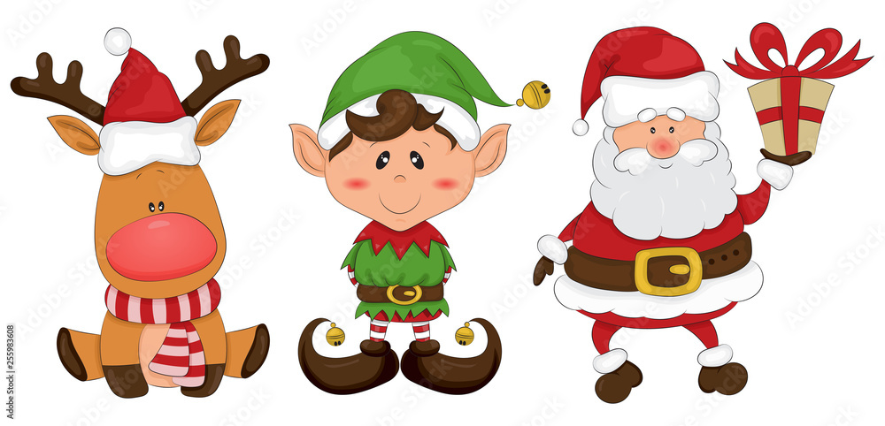 Set of colorful christmas characters. Santa Claus, Elf, Deer. Marry Christmas and Happy new Year. Hand drawn.