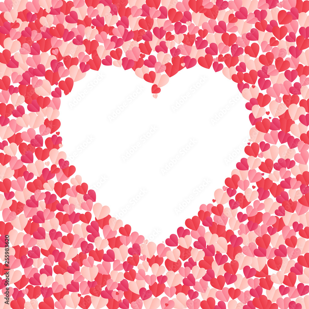 Vector shape confetti splash with white heart inside. Valentine's Day background congratulation card. Heart form of a lot of small hearts on a white background. Vector shape confetti splash with white heart inside. Valentine's Day background congratulation card. Heart form of a lot of small hearts on a white background.