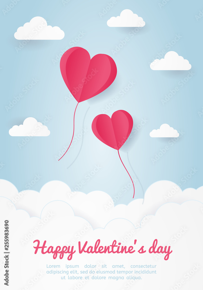 Valentines day, Illustration of love,origami made pink heart balloons flying in the blue sky, paper art style. Love Invitation card.
