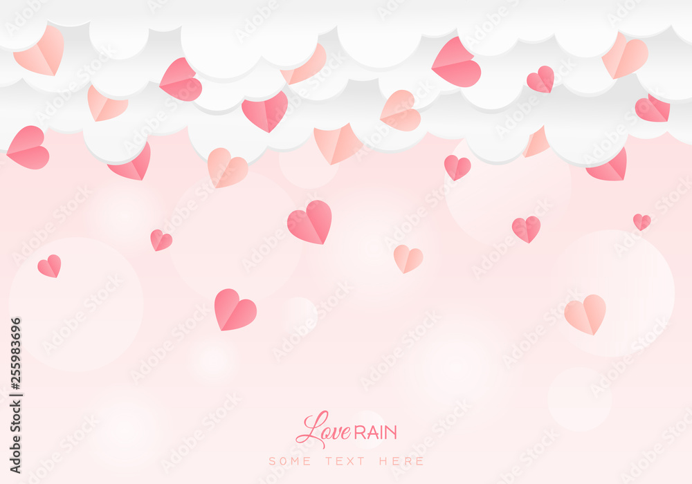 Valentine's day concept.Paper art of love with heart and cloud sky, origami.Vector illustration. Paper and craft art. Rain of hearts. Confetti splash with love text.