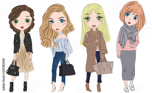 Set of hand drawn beautiful cute fashion girls on white background. Cartoon fashionable girls. Cartoon character. Vector illustration.