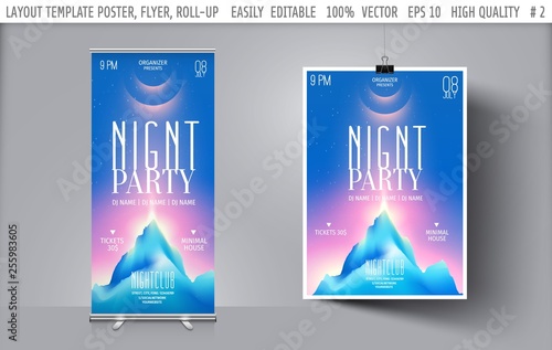 Vector modern abstract background template for banner,flyer,poster,presentation,brochure,cover,backdrop.Colorful design layout digital graphic with with mountains against the night sky and sun rays