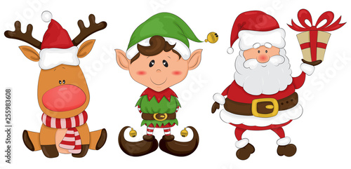 Set of colorful christmas characters. Santa Claus, Elf, Deer. Marry Christmas and Happy new Year. Hand drawn.