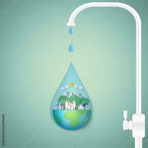 faucet water nutrient on the globe nature on hemisphere green world as business, nature, eco, life and love earth day concept. vector illustration of paper art and craft style.