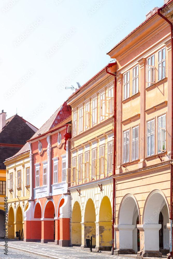 Colorful renaissance houses with arcade at Wallenstein Square in Jicin, Czech Republic