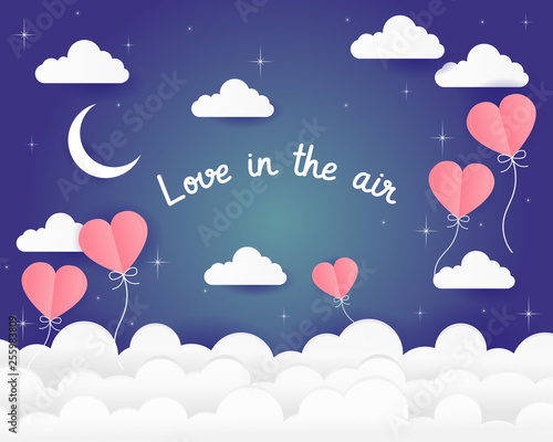 Valentine's day concept.Paper art of love with heart and cloud sky, origami.Vector illustration. Paper and craft art. Rain of hearts. Confetti splash with love text.
