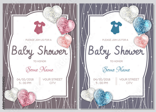 Set of baby shower invitation card babies boy and girl. Baby frame with boy/girl and stickers on light background. It's a boy. It's a girl.