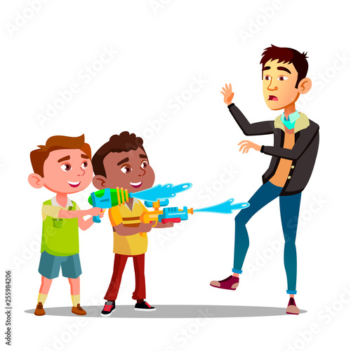 Two Bully Kids Splashing Into Man From Water Pistols Vector Flat Cartoon Illustration