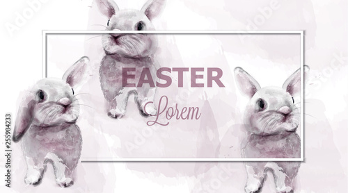 Easter bunny rabbits Vector watercolor. Cute animals card holiday. Pink backg...