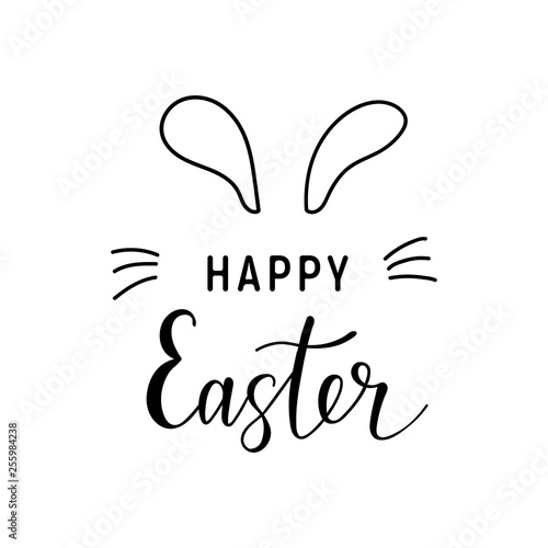 Happy-easter-text-calligraphy. Brush lettering-composition-bunny-of holiday.