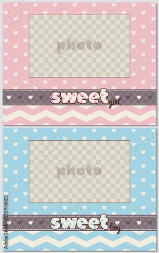 Set of baby frame with boy/girl and stickers on light background. It's a boy. It's a girl. Photo frame and decorative elements clouds, hearts