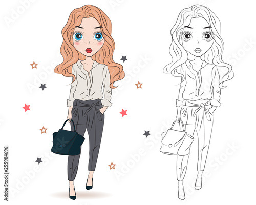 Set of hand drawn beautiful cute fashion business girls on white background. Cartoon fashionable girls. Cartoon character. Coloring book pages for kids. Outline for coloring page cartoon vector 