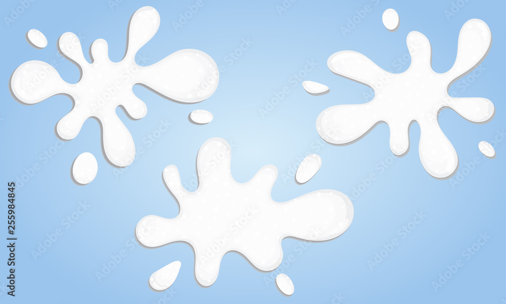 Set of splash with pouring milk dripping on blue background. Texture with milk. Vector illustration.