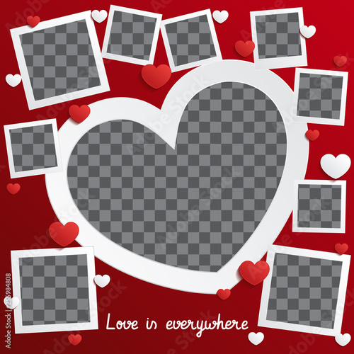 Postcard Happy Valentines Day with a blank template for photo. Vector illustration. Valentine's Day background congratulation card. Card with paper art hearts 