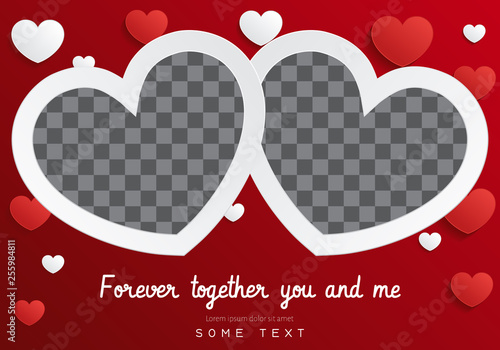 Postcard Happy Valentines Day with a blank template for photo. Vector illustration. Valentine's Day background congratulation card. Card with paper art hearts 