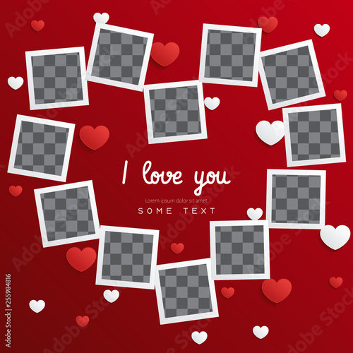 Postcard Happy Valentines Day with a blank template for photo. Vector illustration. Valentine's Day background congratulation card. Card with paper art hearts 