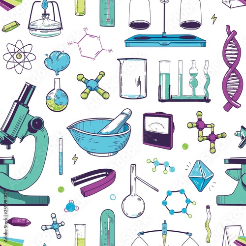 Seamless pattern with chemical and physical lab equipment