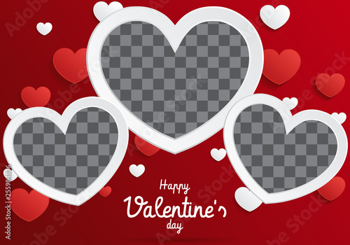 Postcard Happy Valentines Day with a blank template for photo. Vector illustration. Valentine's Day background congratulation card. Card with paper art hearts 