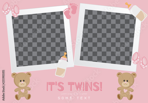Baby frames with boy/girl and stickers on light background. It's a boy. It's a girl. Photo frame and decorative elements of baby toys. It's twins