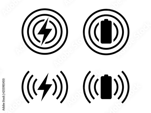 Wireless charge logo set with battery and lightning bolt symbol in black and white color