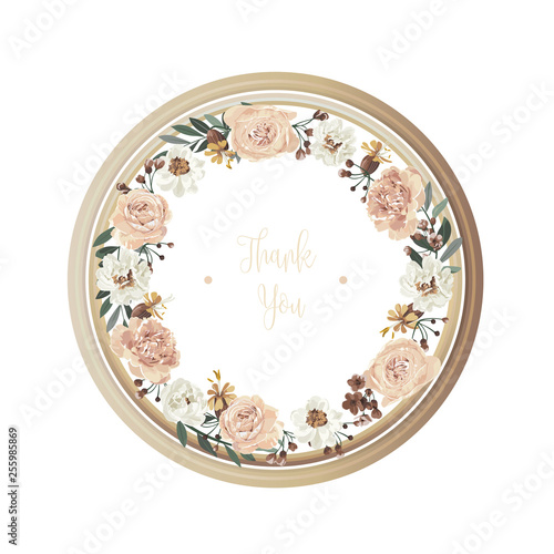 Luxury floral greeting card with orange, white, brown and yellow flowers on white backgroud and wooden circle frame.