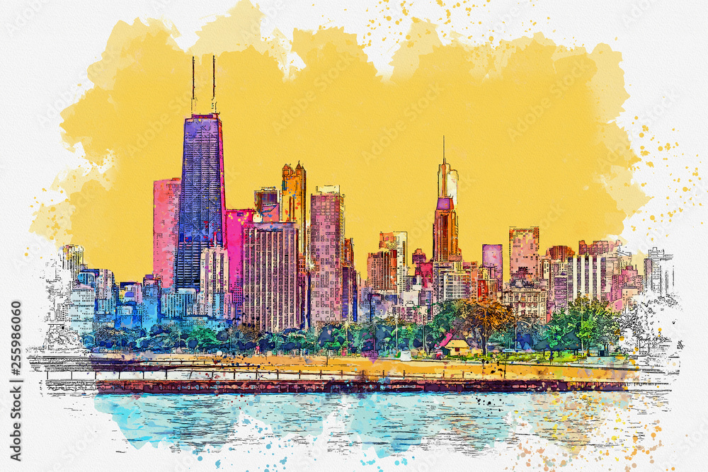Naklejka premium Szkic akwarela lub ilustracja pięknego widoku na Chicago z miejskimi drapaczami chmur. Pejzaż miejski lub miejska panorama