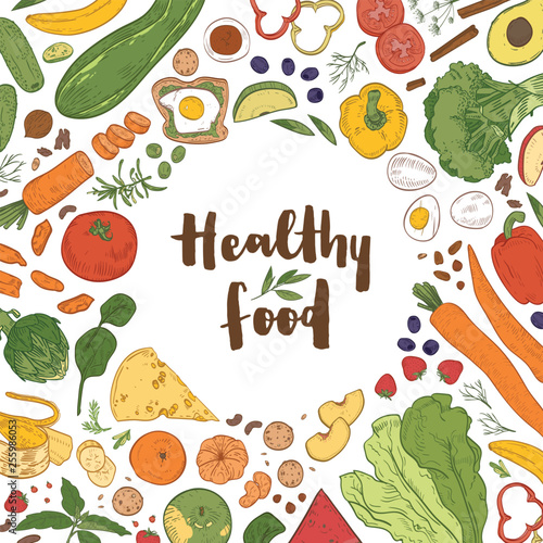 Square background with frame consisted of various healthy food on white background