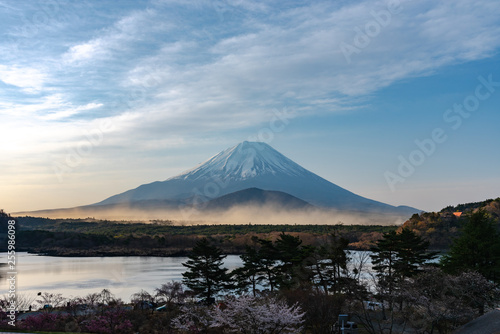 Landscape of Mount Fuji with natural fine sand flying up in the air. The World Heritage. view at Lake Shoji   Shojiko   in the morning. Fuji Five Lake region  Minamitsuru District  Yamanashi  Japan.