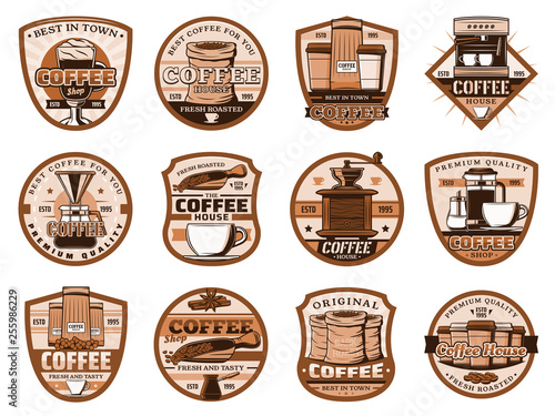 Coffee drink and beverage icons, beans and cups