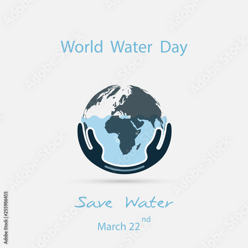 Water with world icon and human hand vector logo design template.World Water Day icon.World Water Day idea campaign for greeting card and poster.Vector illustration