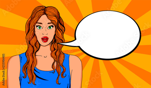 Pop illustration of a pretty woman with pin up look with a bubble in which you can put an advertising message