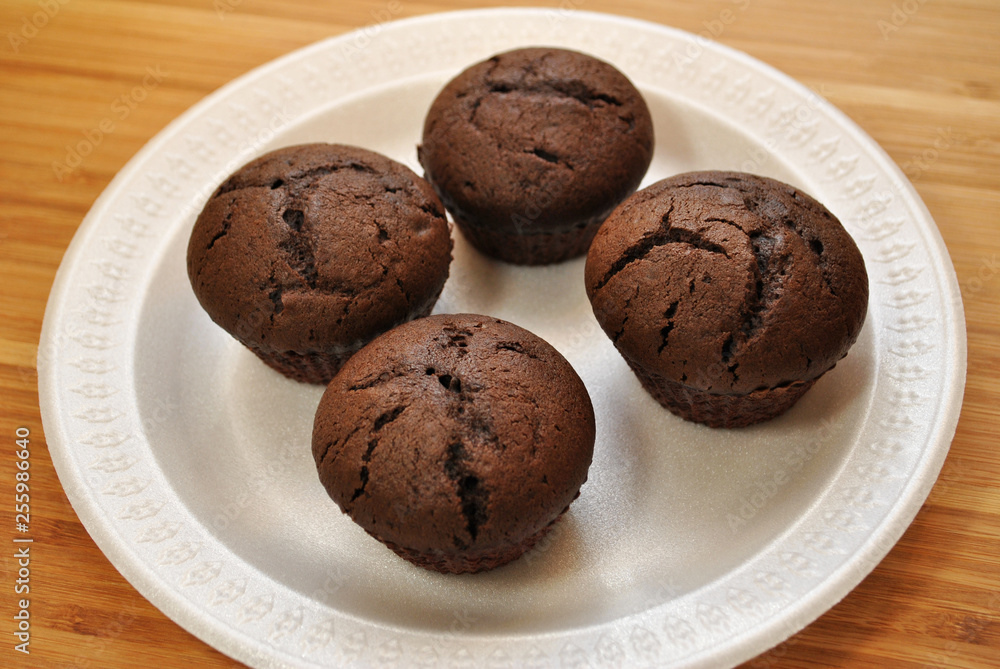 Four Chocolate Cupcakes on a White Plate Four Chocolate Cupcakes on a White Plate
