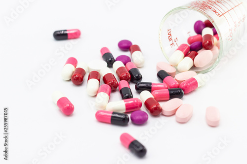 the pile of pills and capsules white background concept Health