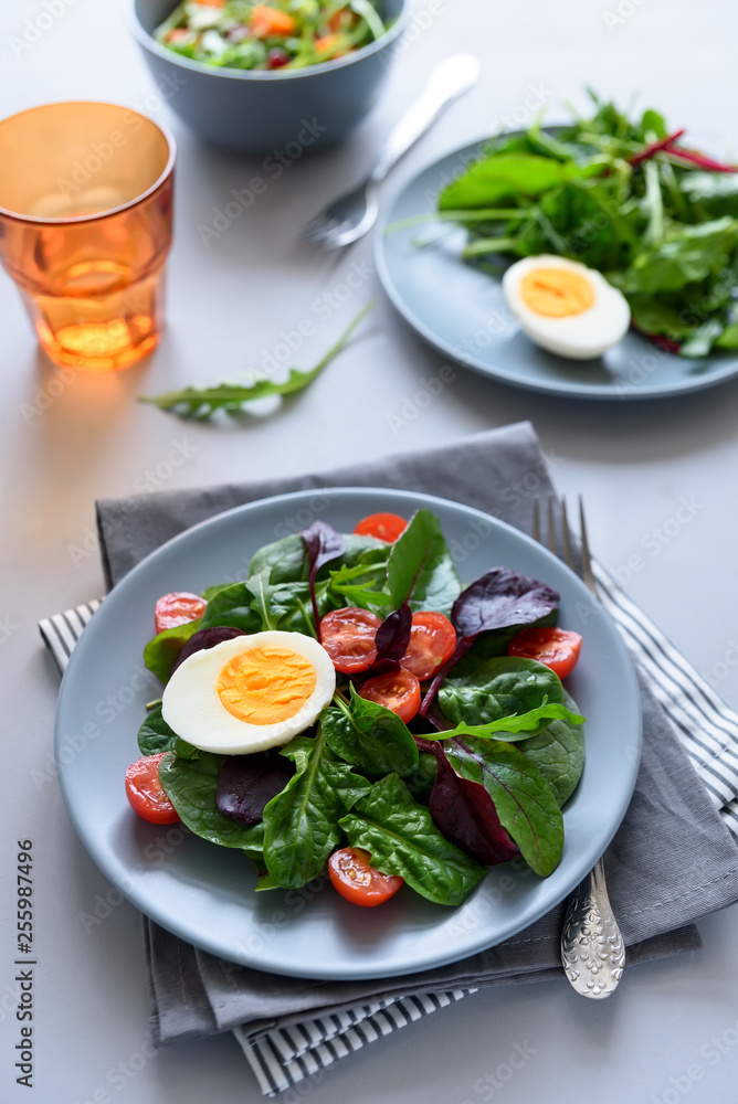 Salad mix with spinach, arugula,beet leaves, tomatoes and eggs on gray wooden background. Vegetarian food concept. Selective focus. Salad mix with spinach, arugula,beet leaves, tomatoes and eggs on gray wooden background. Vegetarian food concept. Selective focus.