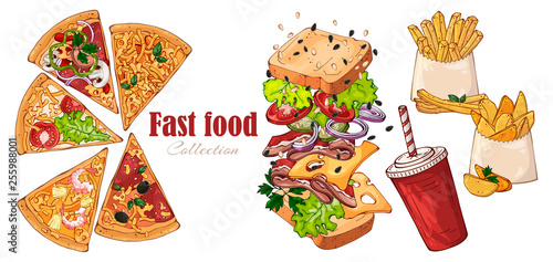 Vector fast food: sandwich, country potatoes, pizza, drink.