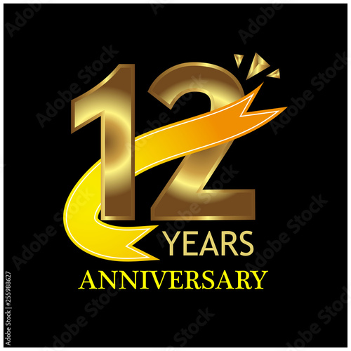 12 years anniversary golden. anniversary template design for web, game ,Creative poster, booklet, leaflet, flyer, magazine, invitation card - Vector
