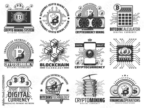 Cryptocurrency, mining and blockchain icons