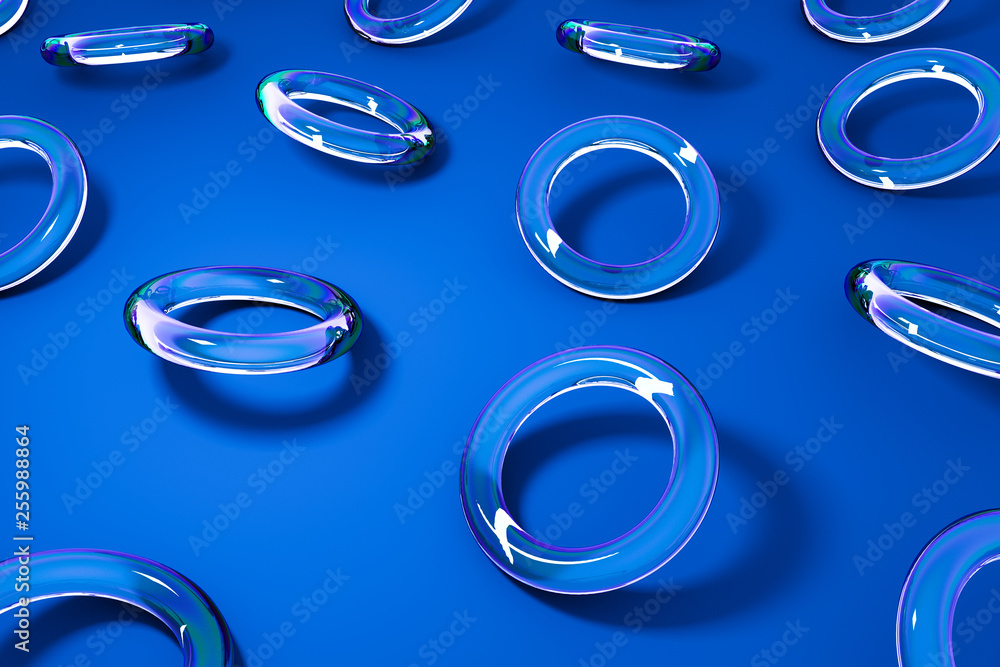 3D glass geometric shapes object with .color reflection and shadows on blue background. Abstract computer rendering illustration.