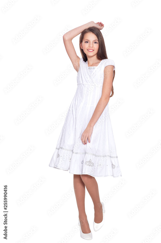 Portrait of beautiful girl in white dress posing Portrait of beautiful girl in white dress posing